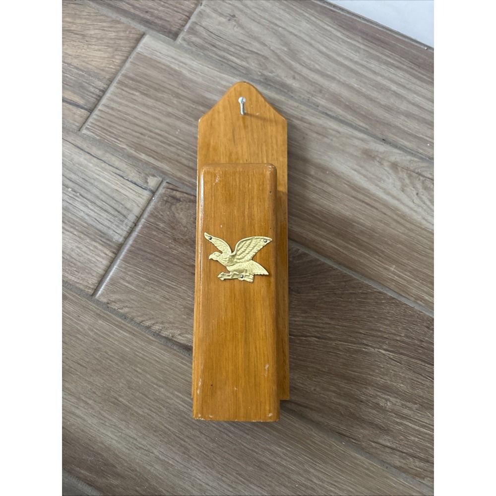 Vintage Rustic Wall Mount Wooden Long Match Holder Box Brass Eagle 14.25"